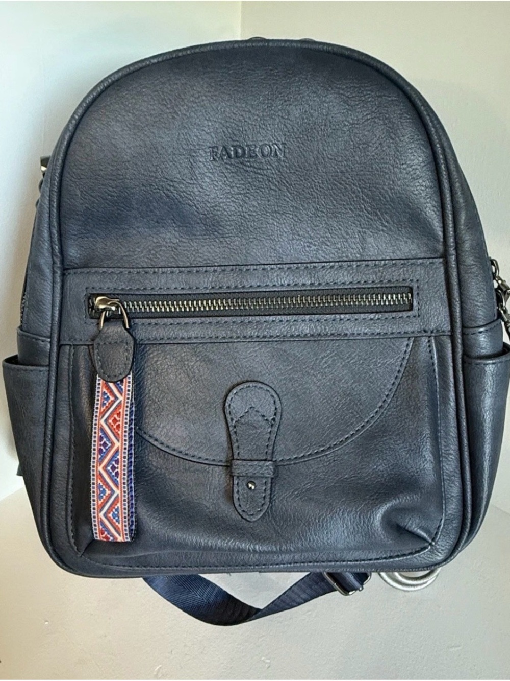 Fadeon Mini Backpack Purse w/ Removable Shoulder Strap Navy Blue 11”x11” Aztec